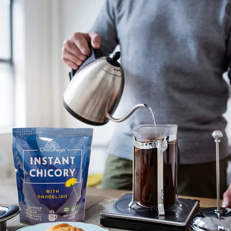 CHICORAYA Instant Chicory Coffee - Best for Decaf and Diet - Keto & Vegan Beverage Blend - Coffeine-Free Cofee Substitute Alternative - Roasted Root Powder, No Sugar (Dandelion, 14.1 oz) - Image 5